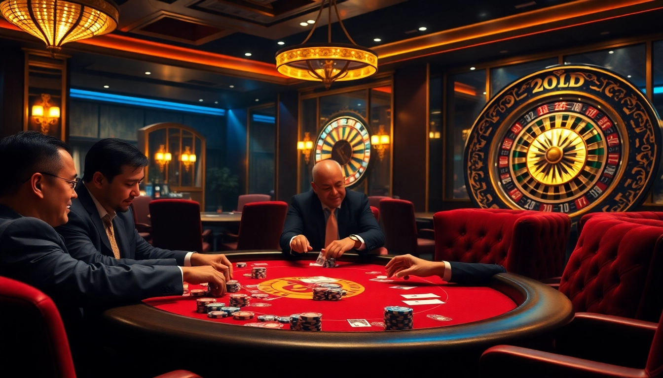 Gamblers enjoying a vibrant poker scene at 789club, featuring poker chips and a roulette wheel.