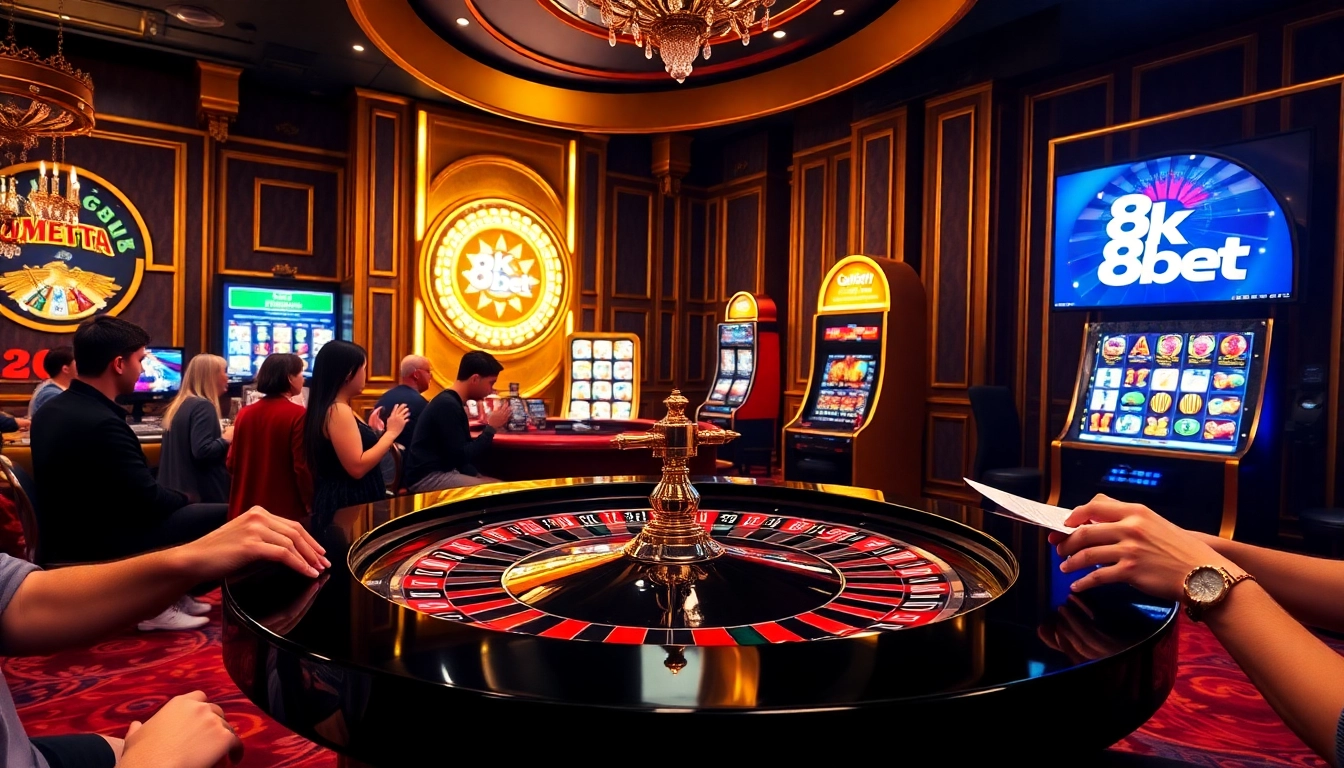 Players placing bets at an elegant 8kbet casino table with vibrant roulette and slot machines.