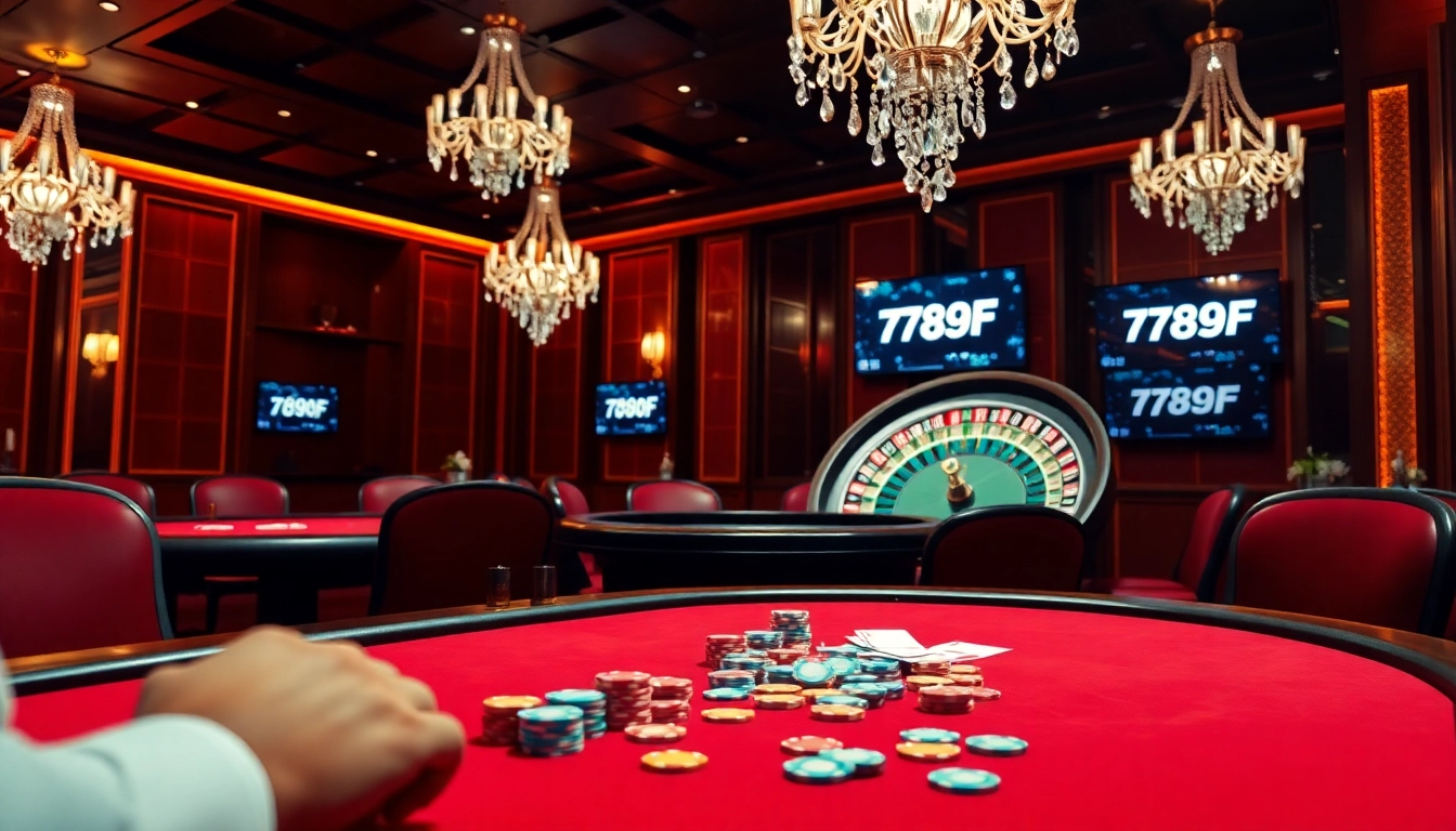 Engaged player strategizes with poker hands and chips at 789f casino table.