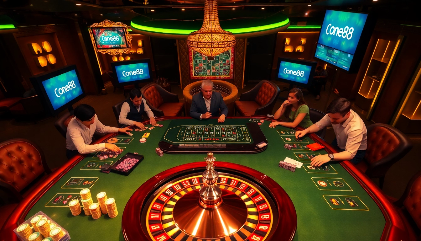 Engaging gamers at a luxurious one88 gambling table with poker chips and roulette wheel.