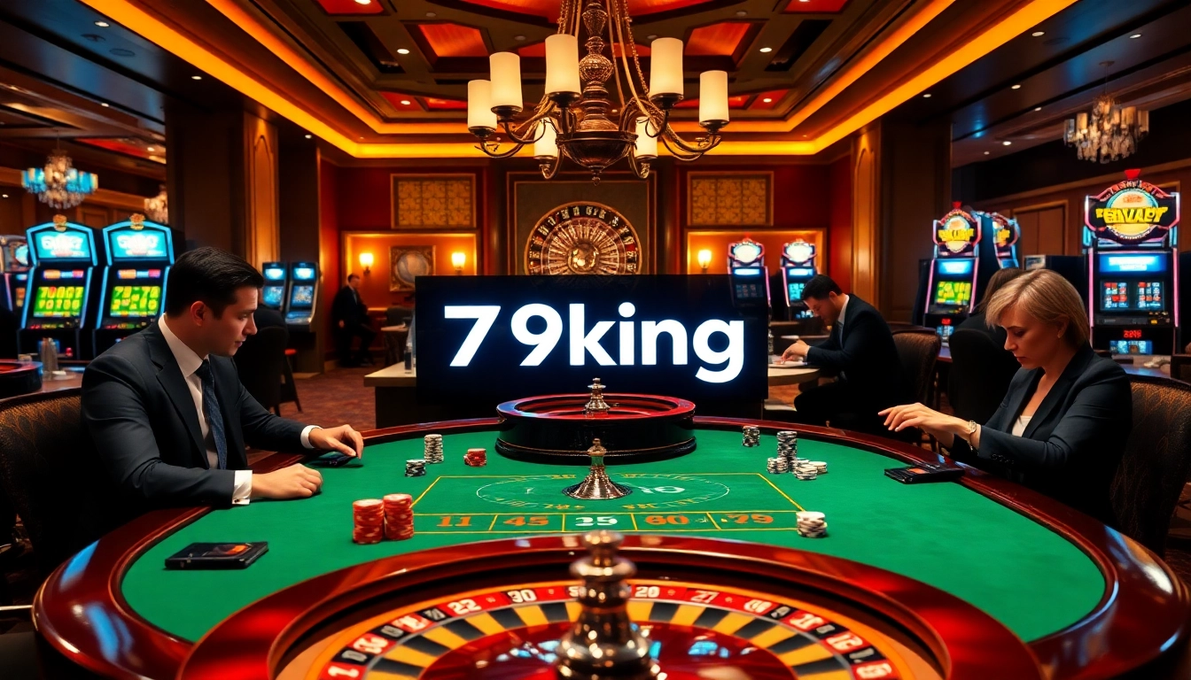 Lively poker game at 79king casino showcasing excitement with colorful chips and a roulette wheel.