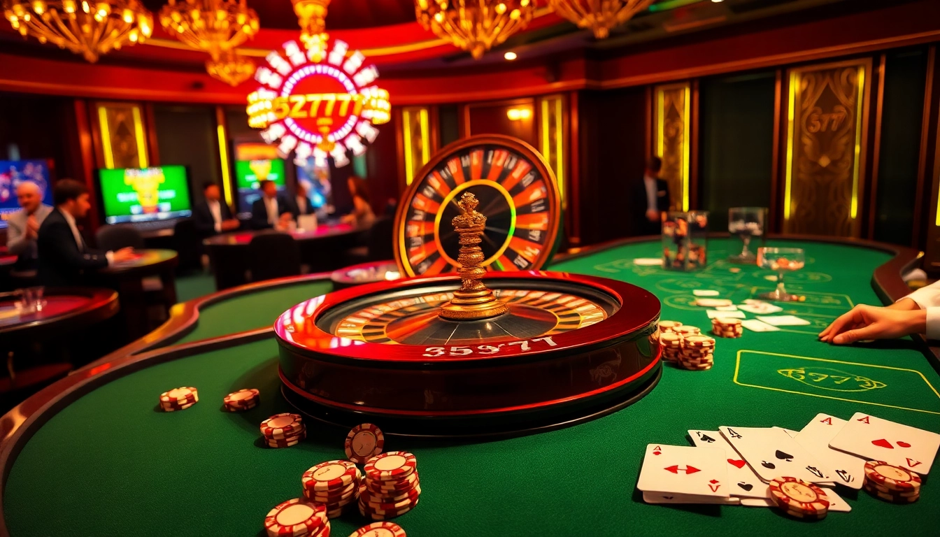 Experience the thrill of 5z777 as players engage with a vibrant casino setting filled with roulette and poker excitement.