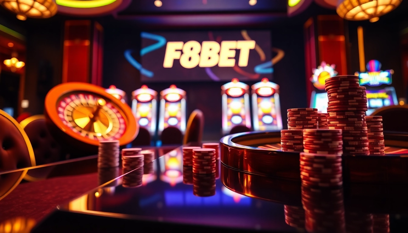 Experience the thrill of F8BET with vibrant roulette and poker chips in a luxurious casino setting.