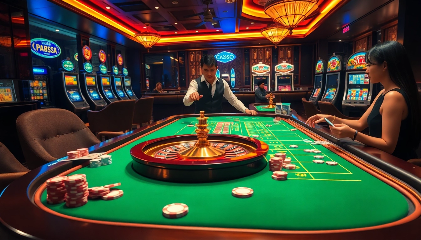 Immerse in the excitement of Nhà cái LC88 at a luxurious casino table with vibrant colors and energetic players.