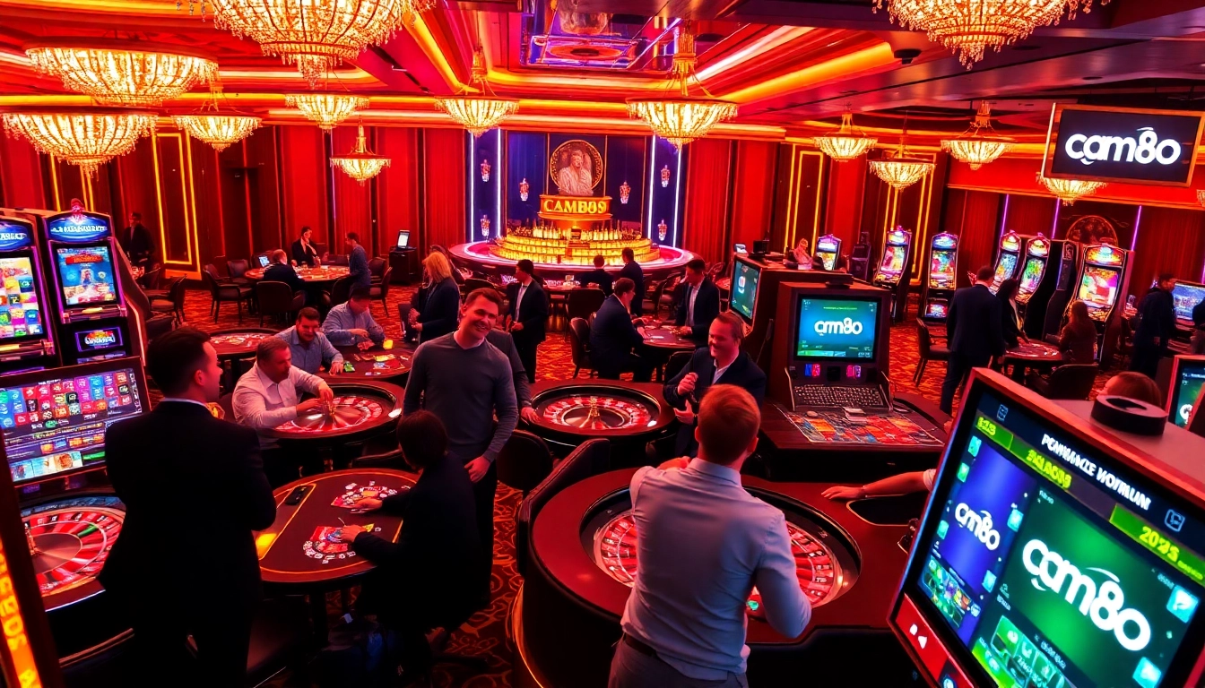 Experience excitement at cm88 casino with players engaging at roulette and slot machines.