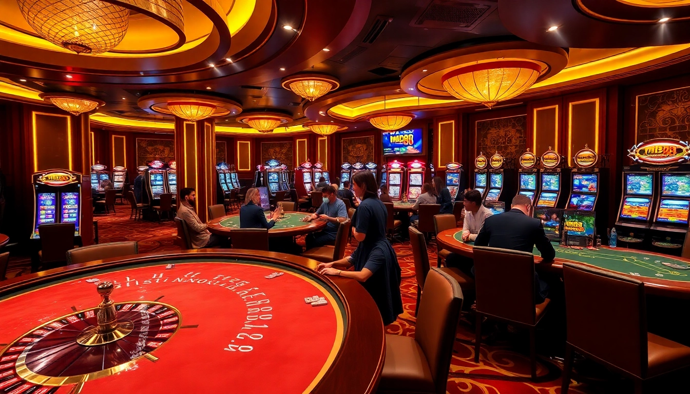 Gambling scene with players at tables enjoying casino games featuring mb 88 elements.