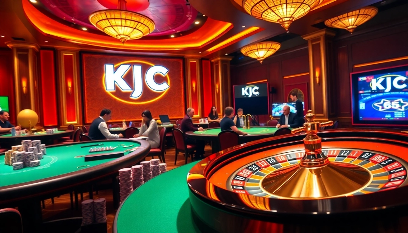 KJC casino scene with players at poker tables, colorful chips, and a roulette wheel.