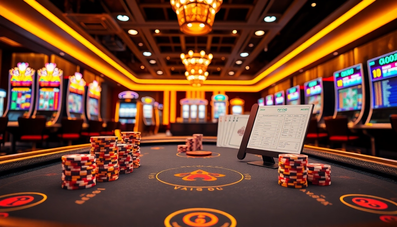 Experience the excitement of VT88 in a luxurious online casino setting with vibrant slot machines and poker tables.