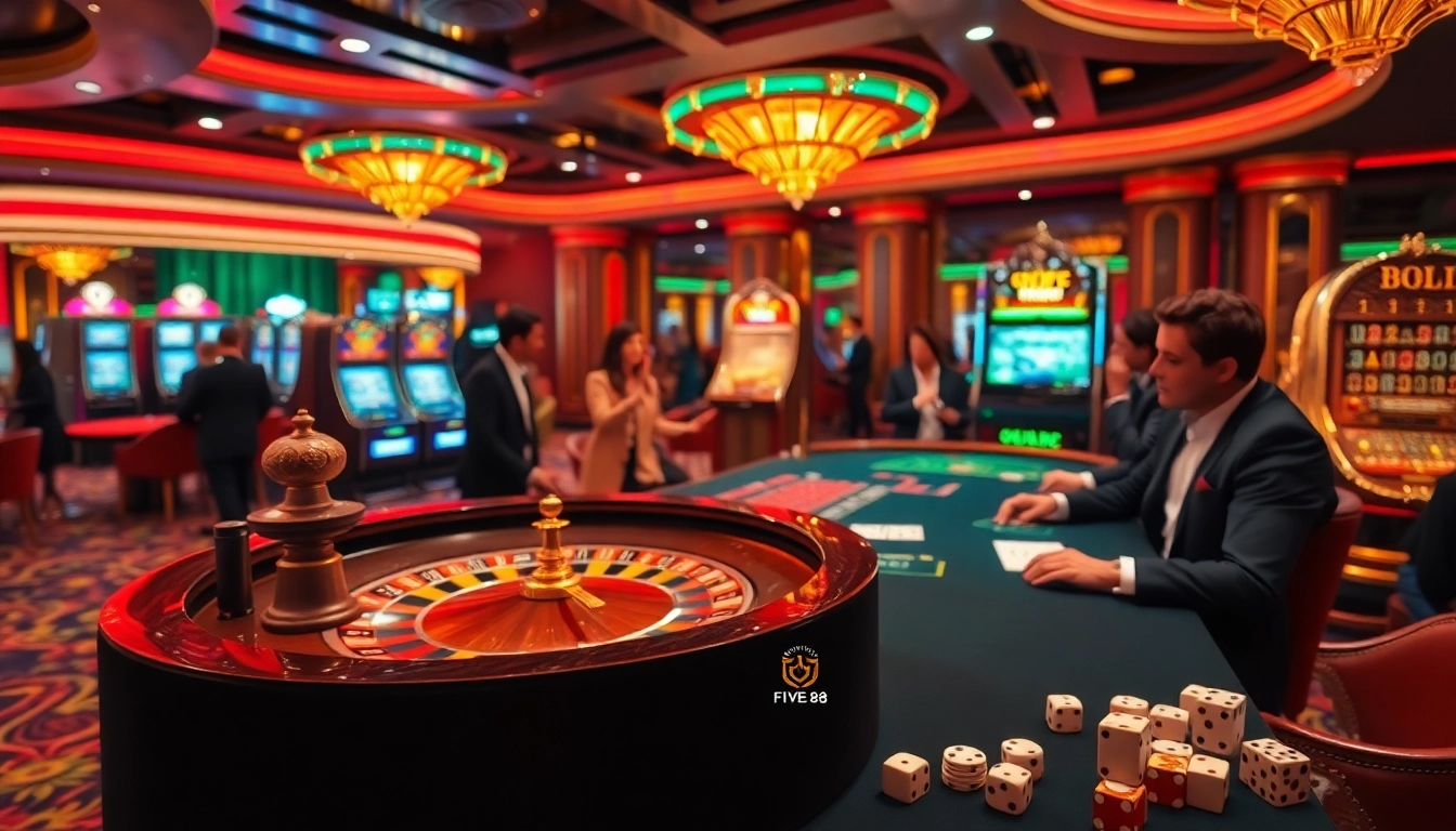 Experience the thrill of gaming at FIVE 88 poker tables with vibrant chip stacks and players.
