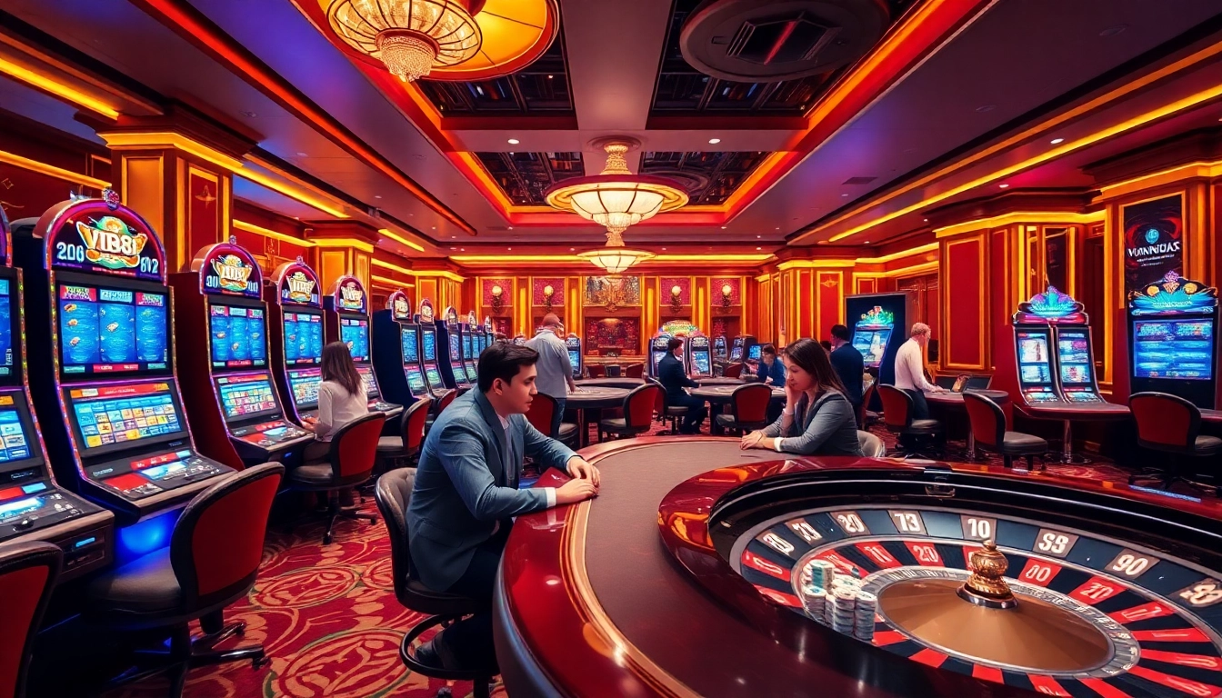 Exciting gaming experience at Nhà cái Vin88 showcasing casino tables and players immersed in action.