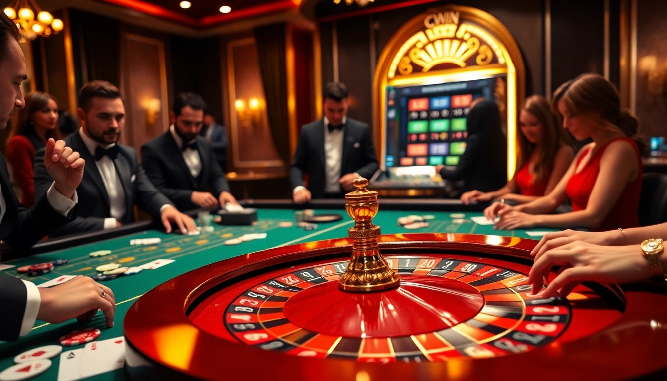 Cwin players enjoying a thrilling roulette game at a luxurious casino table filled with chips and cards.