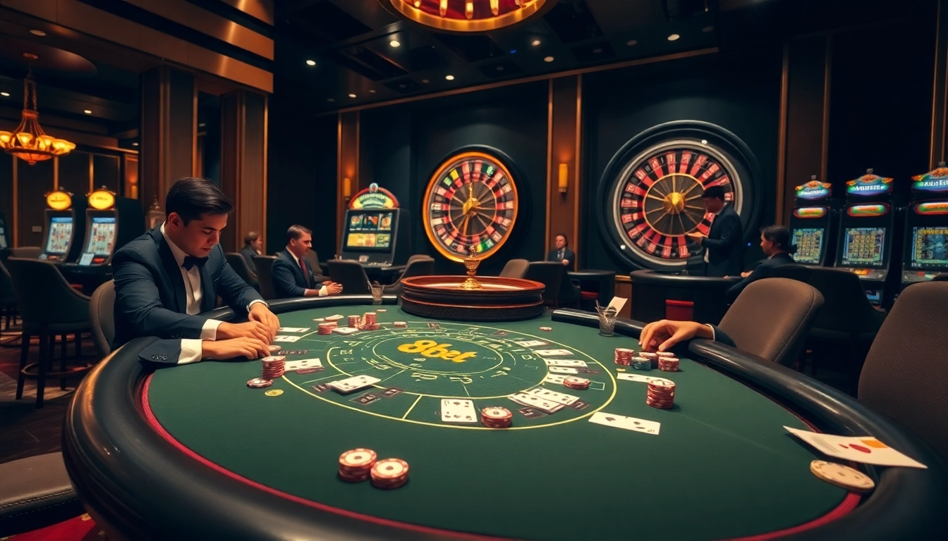 Catching the vibe of 8kbet excitement with vibrant casino elements like blackjack table and roulette wheel.