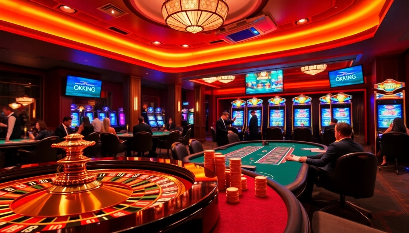 Experience the thrill of OKKING with an exciting casino scene featuring roulette and poker.