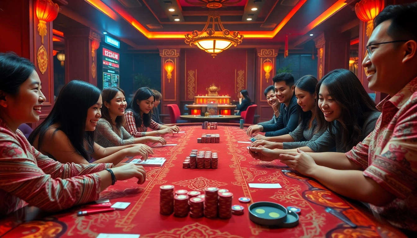 Xóc Đĩa game setup with vibrant chips and players experiencing excitement in a lively casino atmosphere.