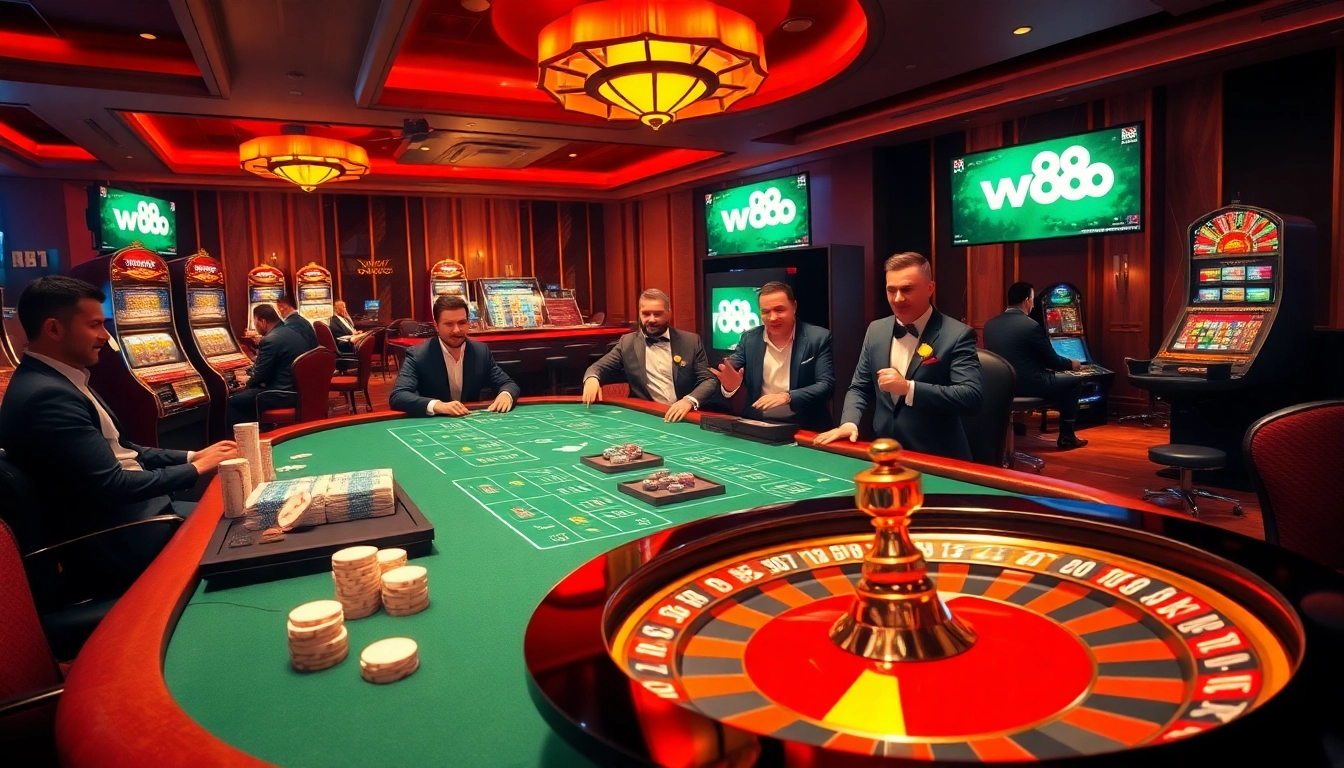 Experience the thrill of w88 in a luxurious casino scene with vibrant tables and eager players.