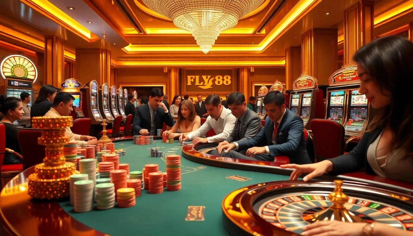 Experience the thrilling atmosphere of FLY 88 with vibrant casino tables, dynamic roulette wheels, and colorful poker chips.