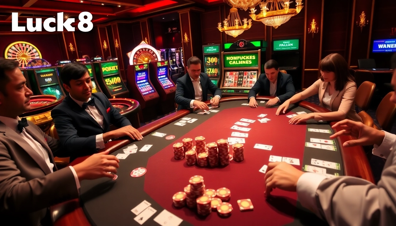 Experience thrilling gameplay at Luck8's luxurious casino, including poker and roulette.