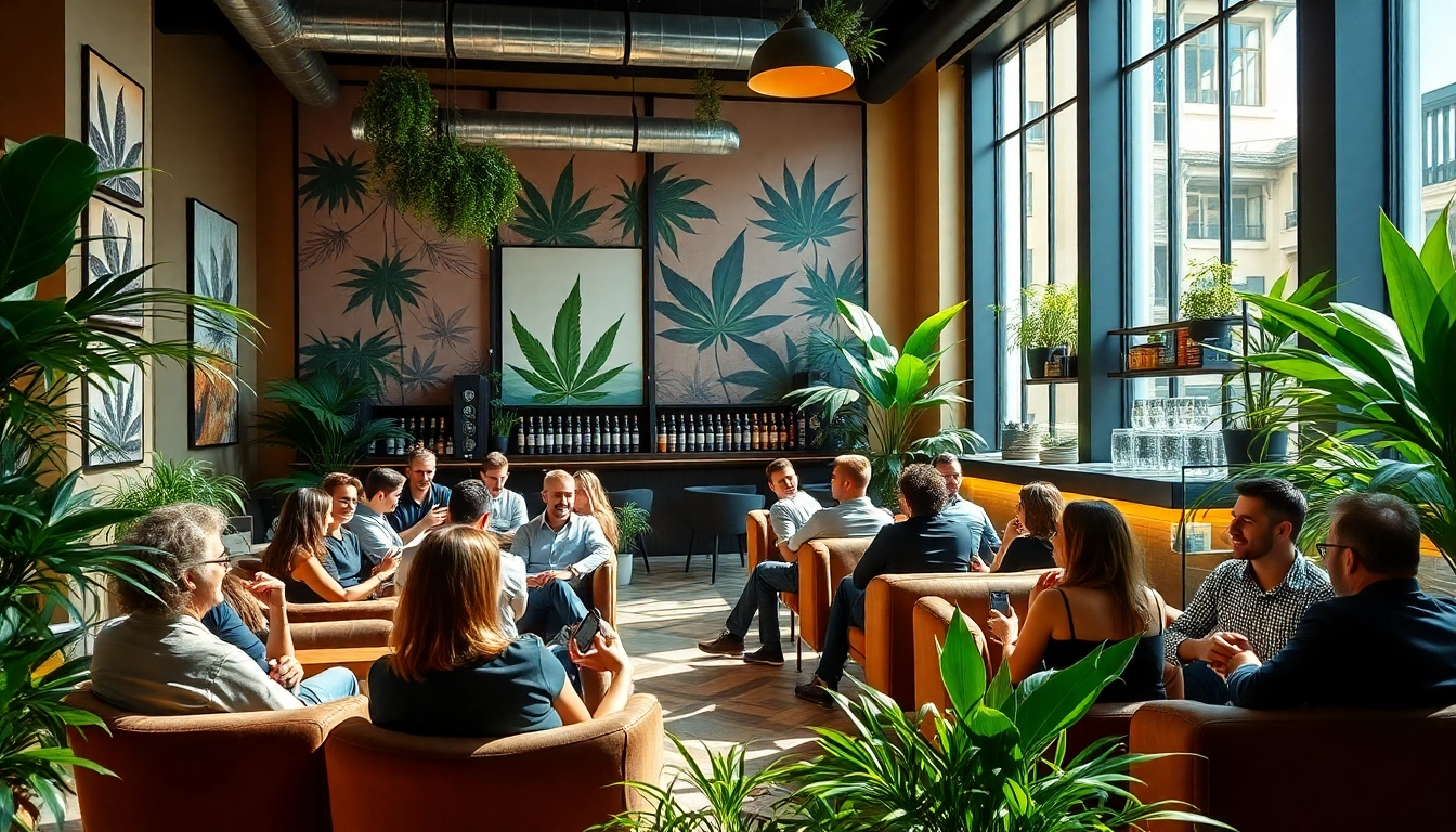 Enjoying the atmosphere at The Corner Cannabis Club Madrid with friends and greenery.