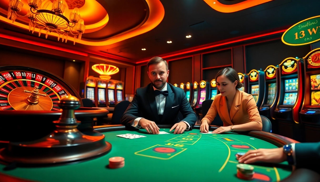 A high-stakes poker game at 13 Win casino with excited players and vibrant casino elements.