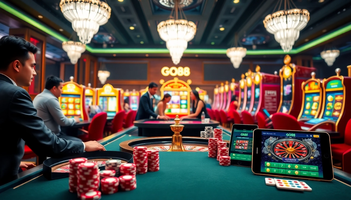 Exciting gameplay at GO88 featuring poker chips and slot machines for online gamblers.