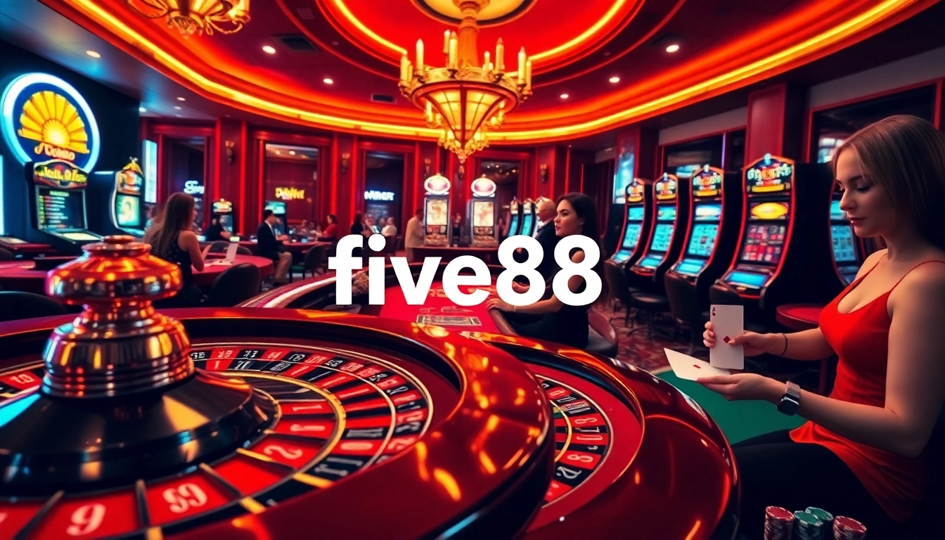 Experience the thrill of gambling at five88 with vibrant casino games, poker chips, and a roulette wheel.