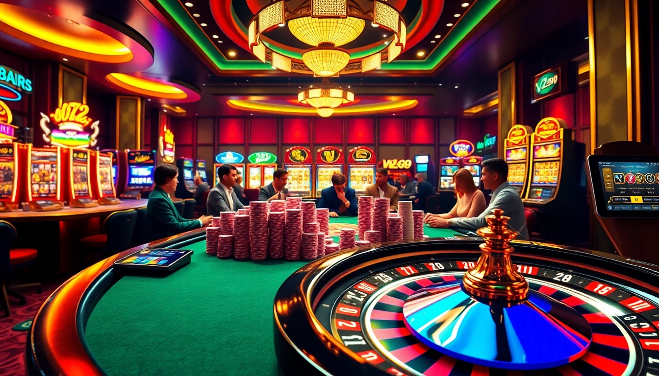 Engaging casino scene featuring VZ99 branded poker table, thrilling players focused on their cards.