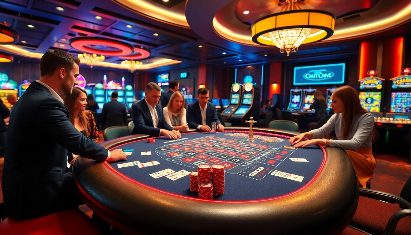 A lively gambling scene at 789F featuring players at a blackjack table and a spinning roulette wheel.