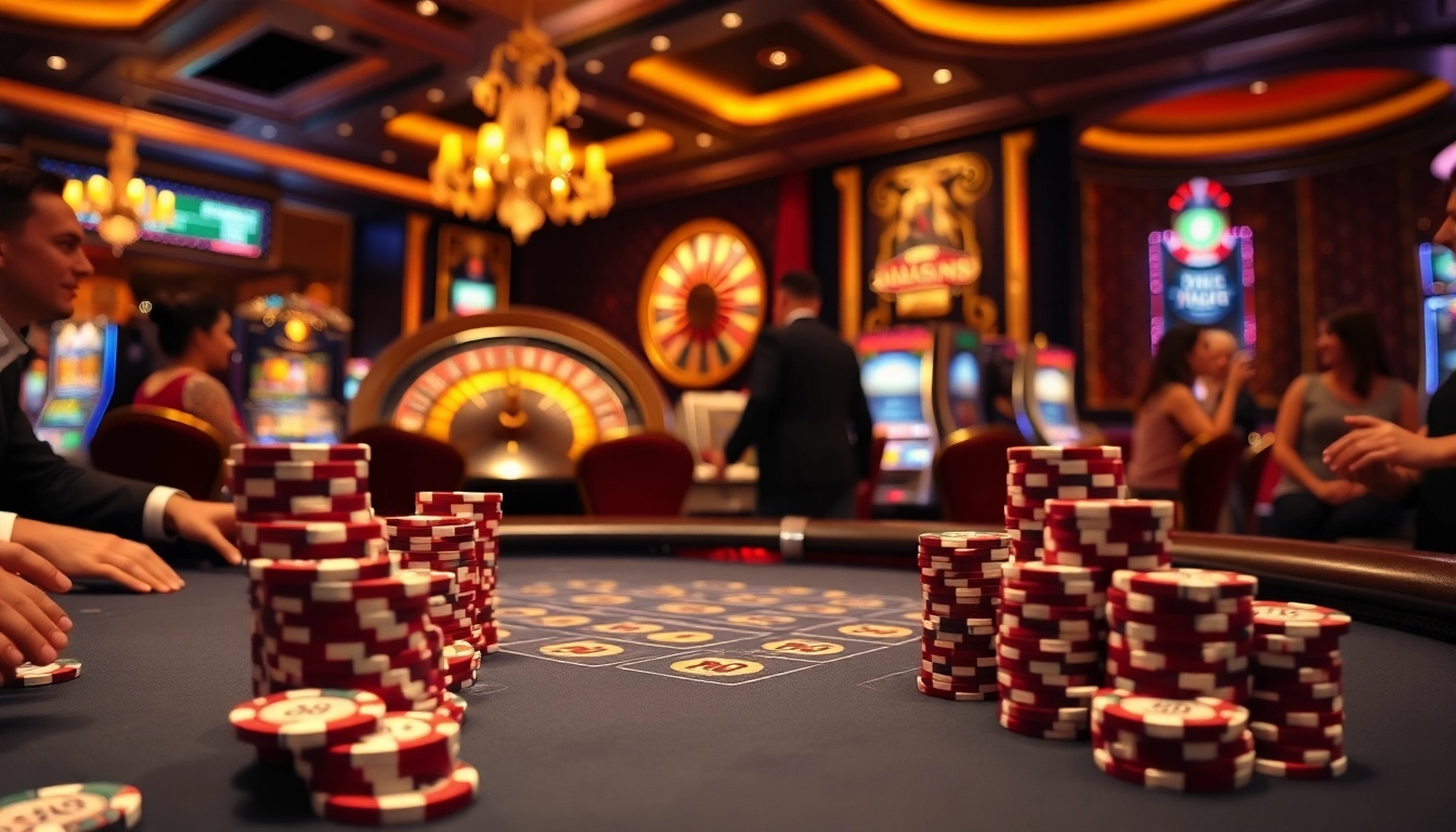 Betting strategically at a u88 casino table surrounded by vibrant poker chips and slot machines.