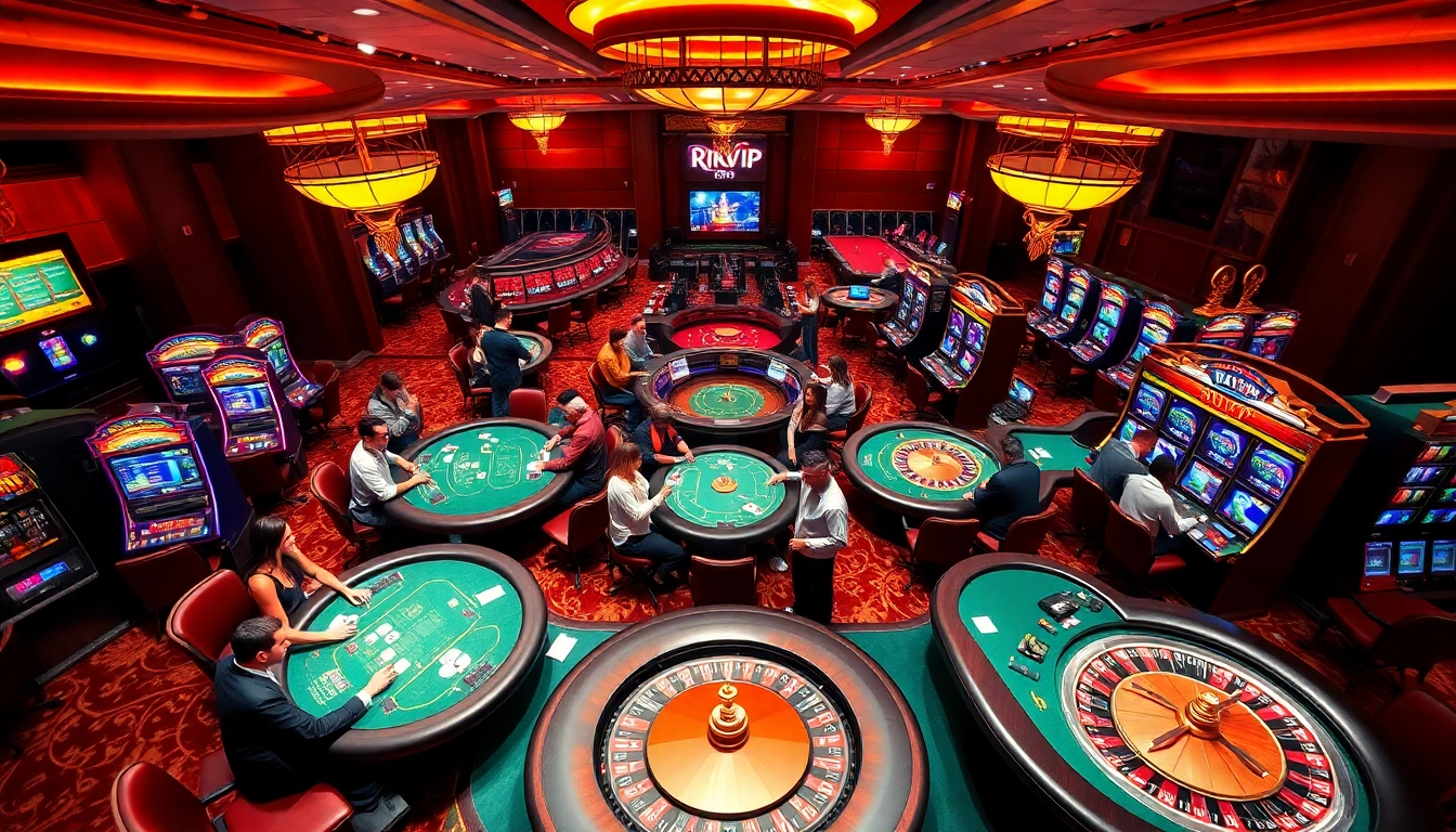 Experience the thrilling RIKVIP atmosphere with lively players at poker tables and dazzling slot machines.