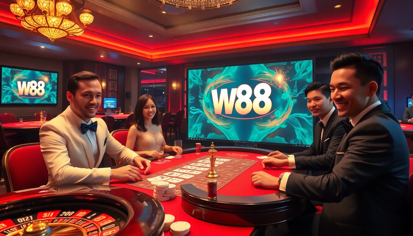 Players engaging in a lively game of poker at W88 casino, surrounded by colorful chips and cards.