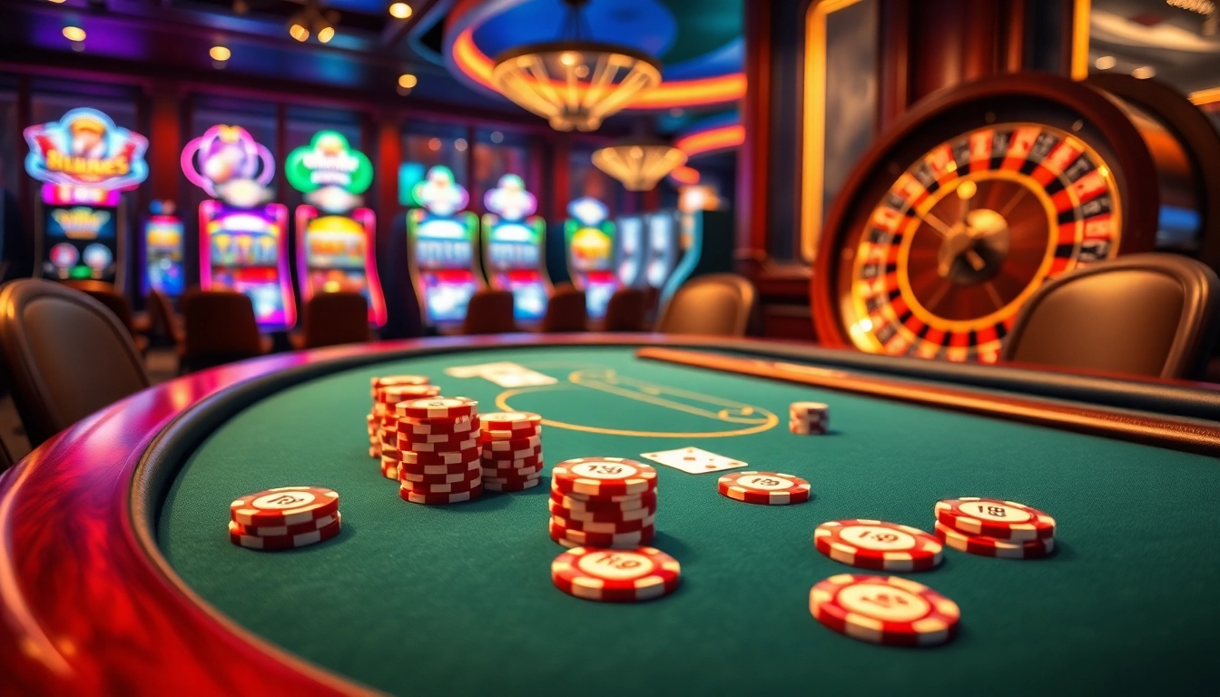 Play kp88 poker with vibrant chips and cards at a luxurious casino.