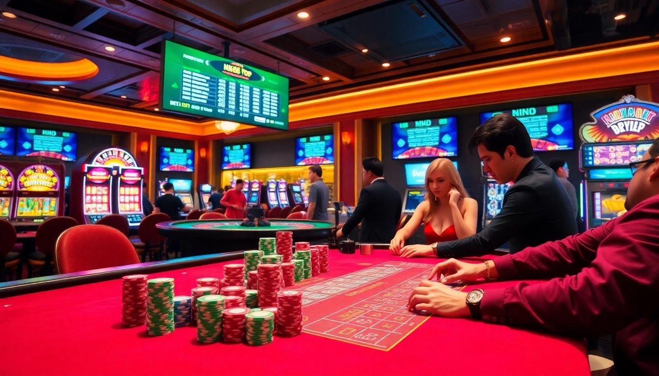 Engage with the NK88 Top casino atmosphere featuring vibrant tables, chips, and cards.