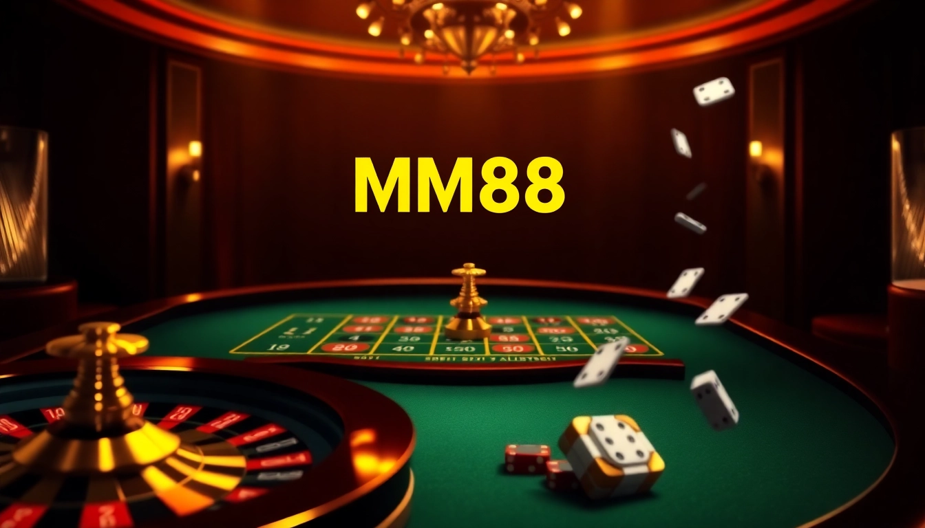 Engage with the immersive MM88 online casino atmosphere featuring roulette and poker elements.