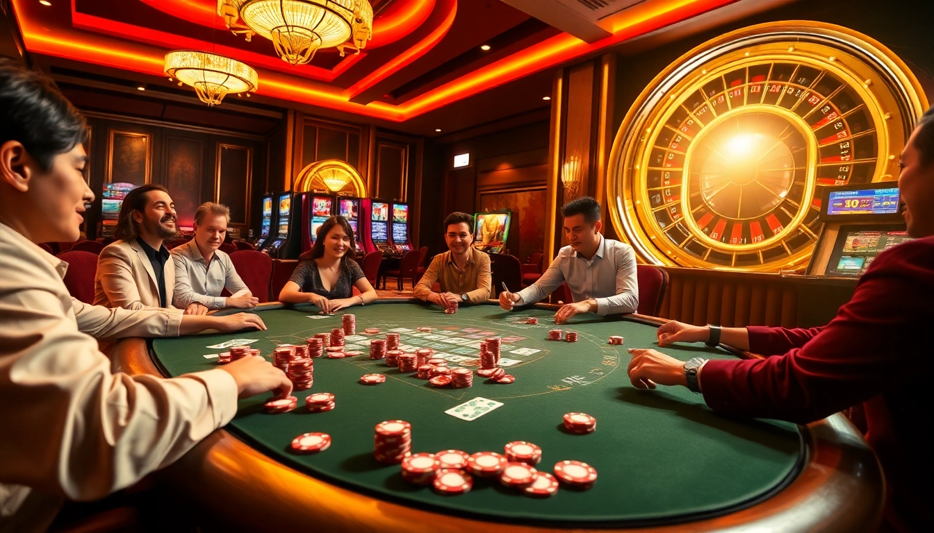 Experience the thrill of gambling at https://kk55.global/ with vibrant casino visuals featuring engaging poker players.