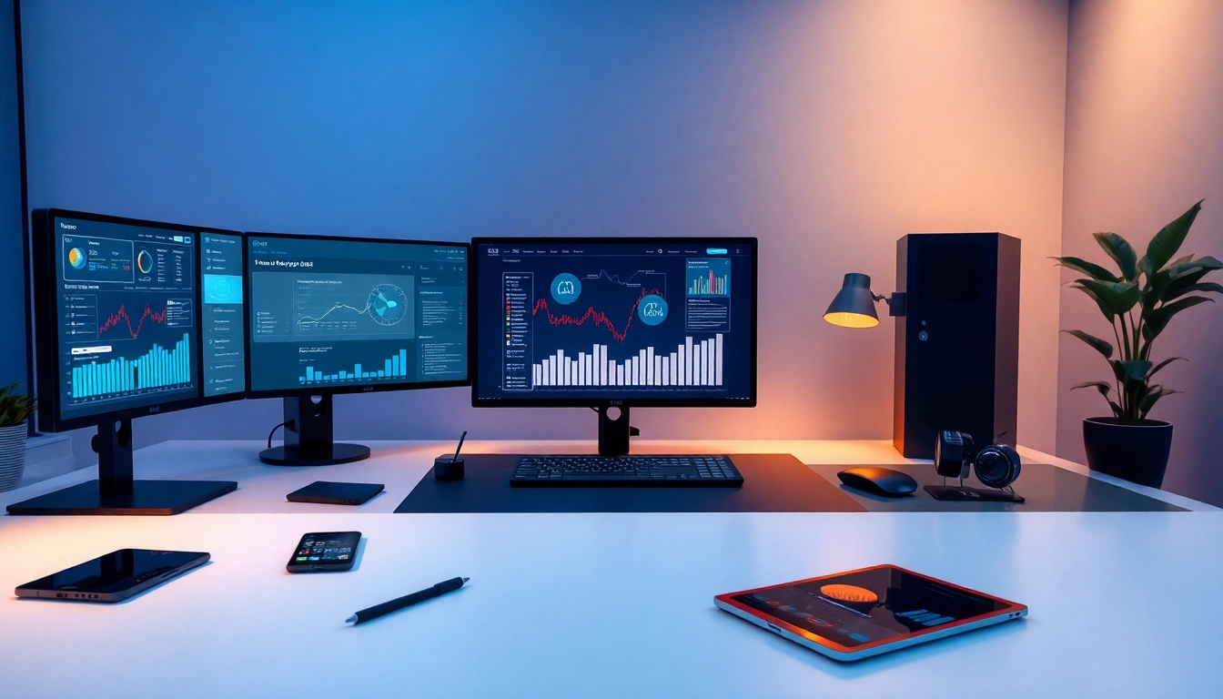 K88 technology workspace featuring modern devices and analytics screens.