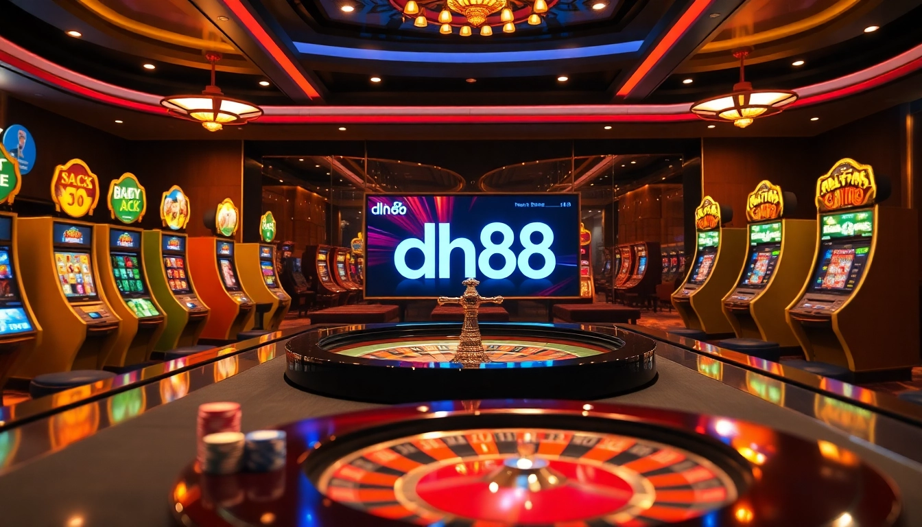 Experience the thrill of dh88 at an elegant casino with poker tables and vibrant slot machines.