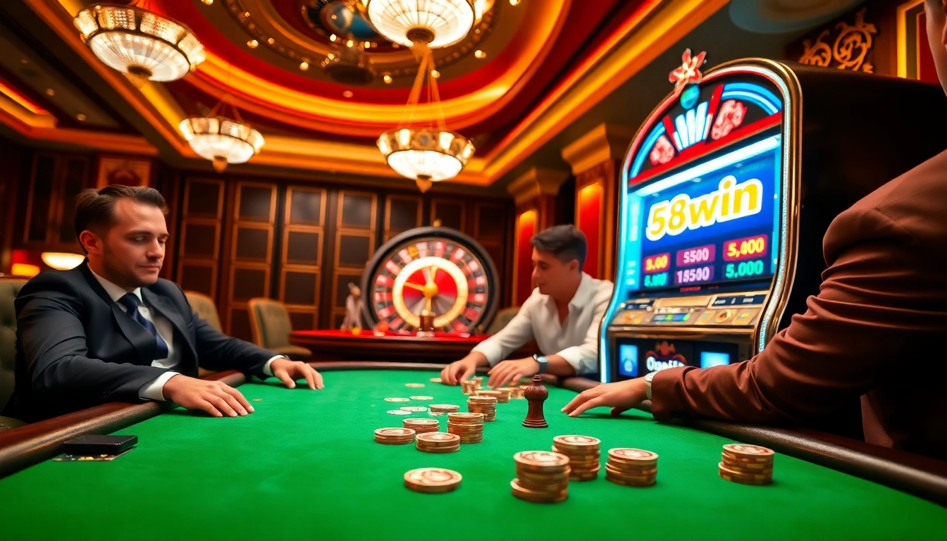 High-stakes poker action at 58win with vibrant chips and roulette excitement.
