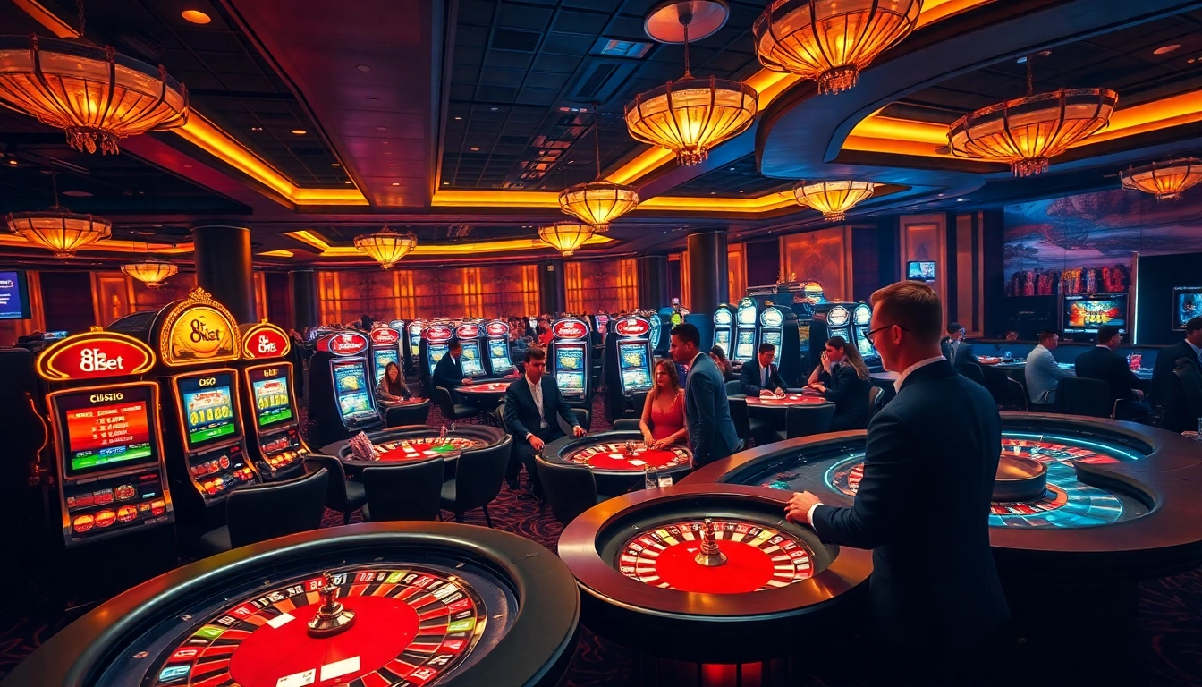 Dynamic gaming scene at 8kbet with players engaging in poker and roulette activities.