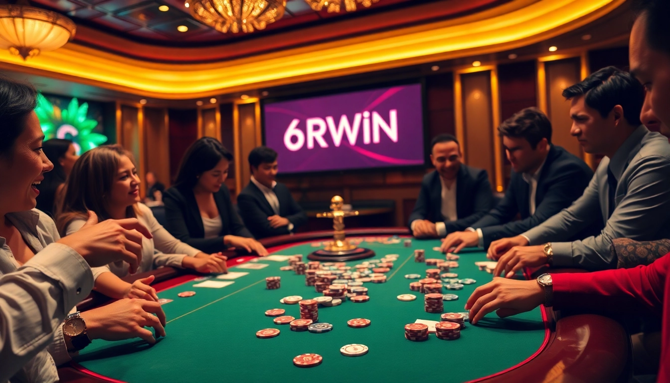 Experience the thrill of gambling at 6RWIN with vibrant poker games and luxury casino settings.