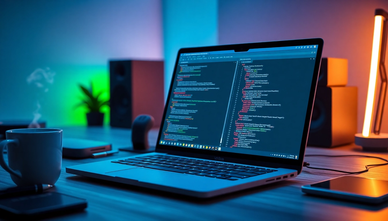 Programmer using 566 vim in a modern workspace with coding interface and tech gadgets.