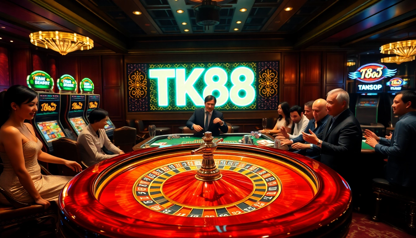 Players engaging in a thrilling casino experience at TK88's roulette table, surrounded by colorful slot machines.