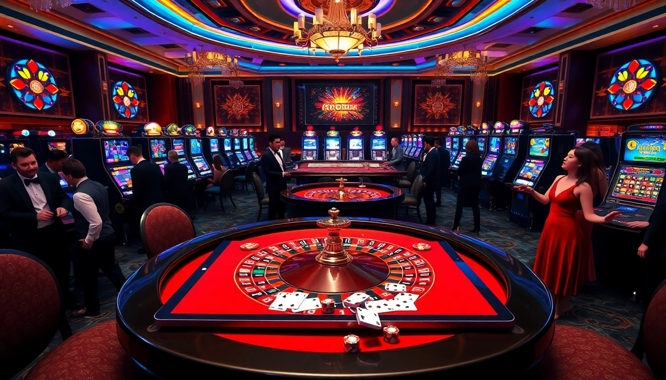 Experience the thrill of Kp88.com with a luxurious casino setup featuring roulette and slot machines.