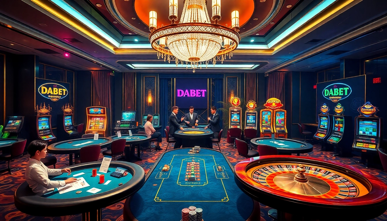 Experience the excitement at DABET casino with players celebrating wins at poker tables.