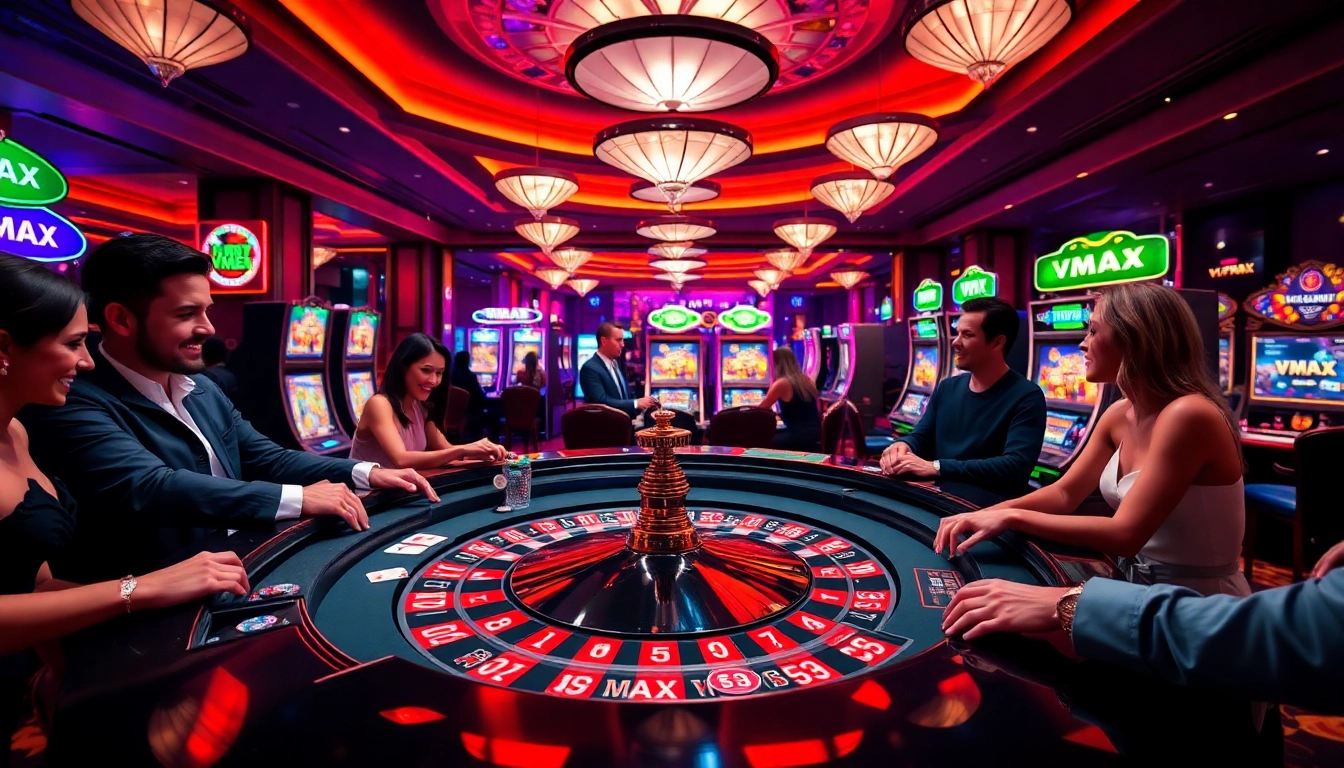 VMAX players enjoying a thrilling game at an upscale casino table with vibrant lights