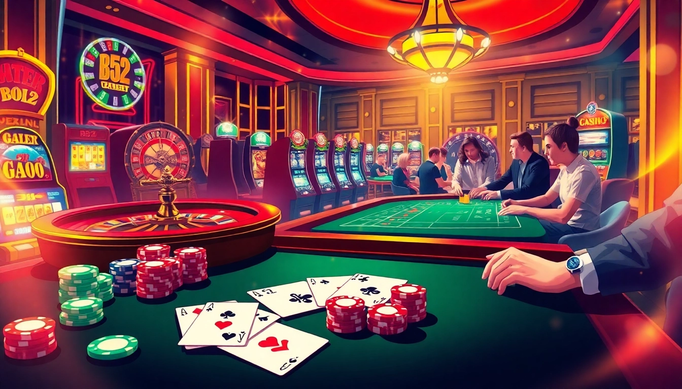 B52-themed gambling scene with colorful poker chips and elite casino atmosphere.