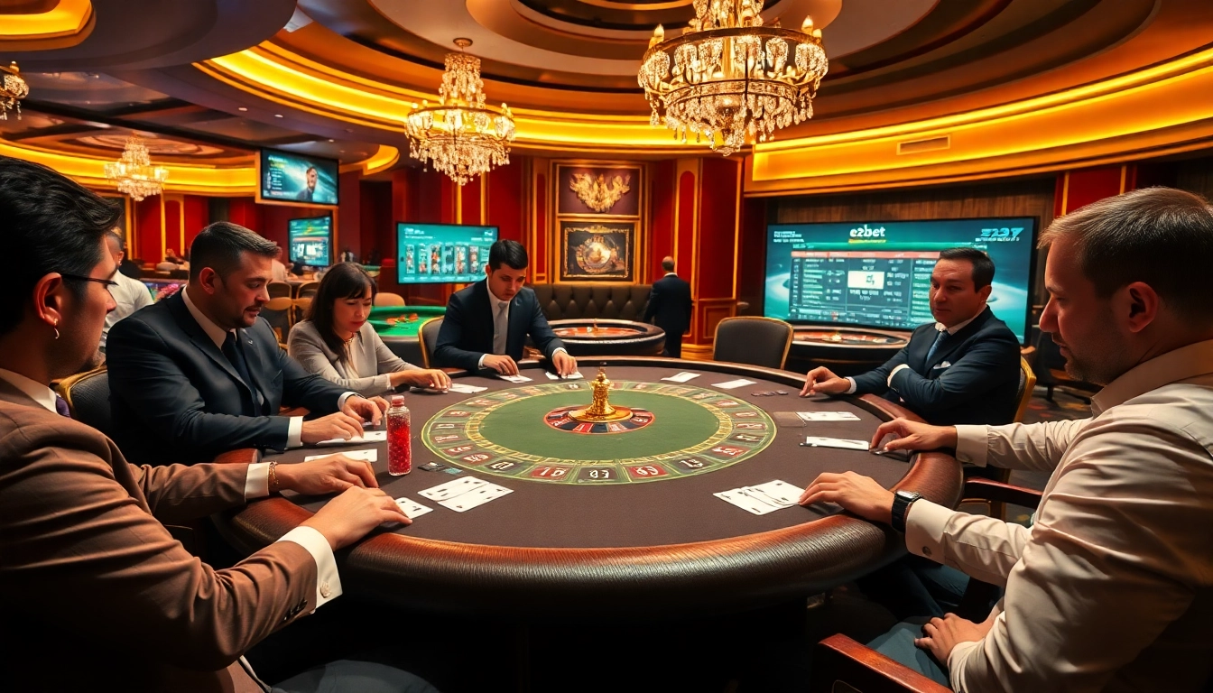 Players enjoy high-stakes poker at e2bet, surrounded by vibrant casino elements and digital betting options.