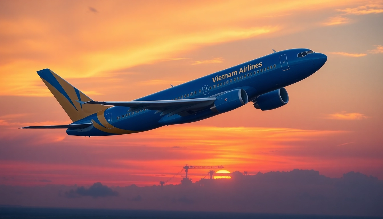 Vietnam Airlines VN168 flight soaring under a colorful sunset sky.