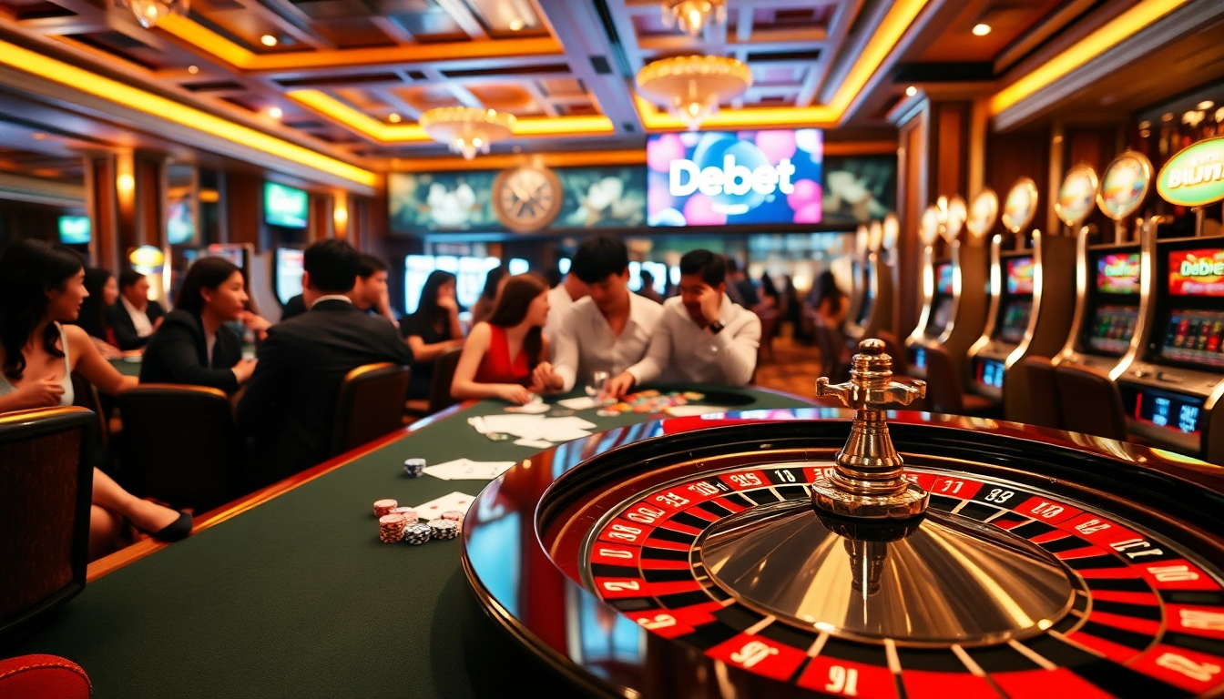 Engaging scene of luxury casino gaming featuring Nhà cái Debet with roulette table, playing cards, and excited players.