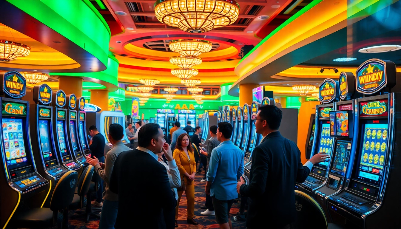 Rasakan pengalaman bermain yang mendebarkan di kasino yang hidup, menampilkan slot depo pulsa dengan mesin berwarna-warni dan pemain yang bersemangat.
