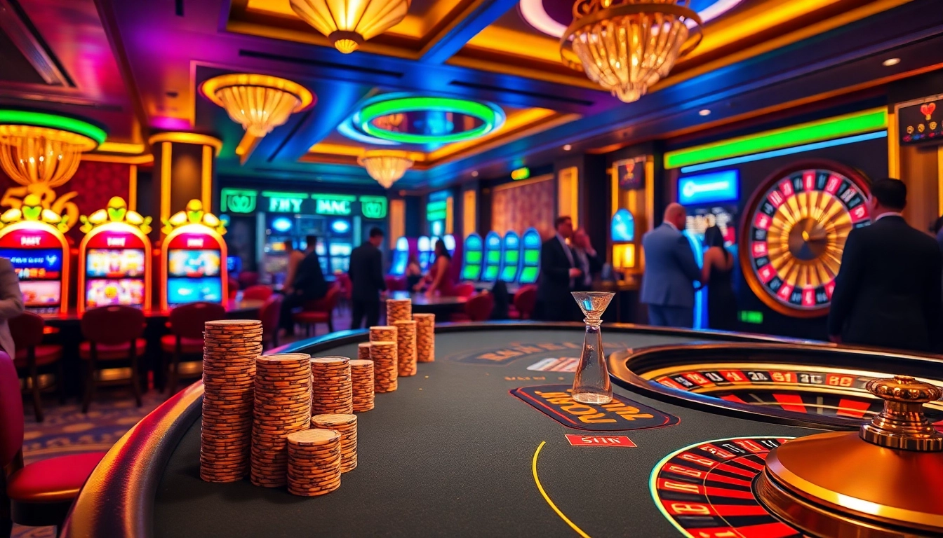 Action-packed FLY888 casino scene with vibrant games, dealers, and high-stakes excitement.